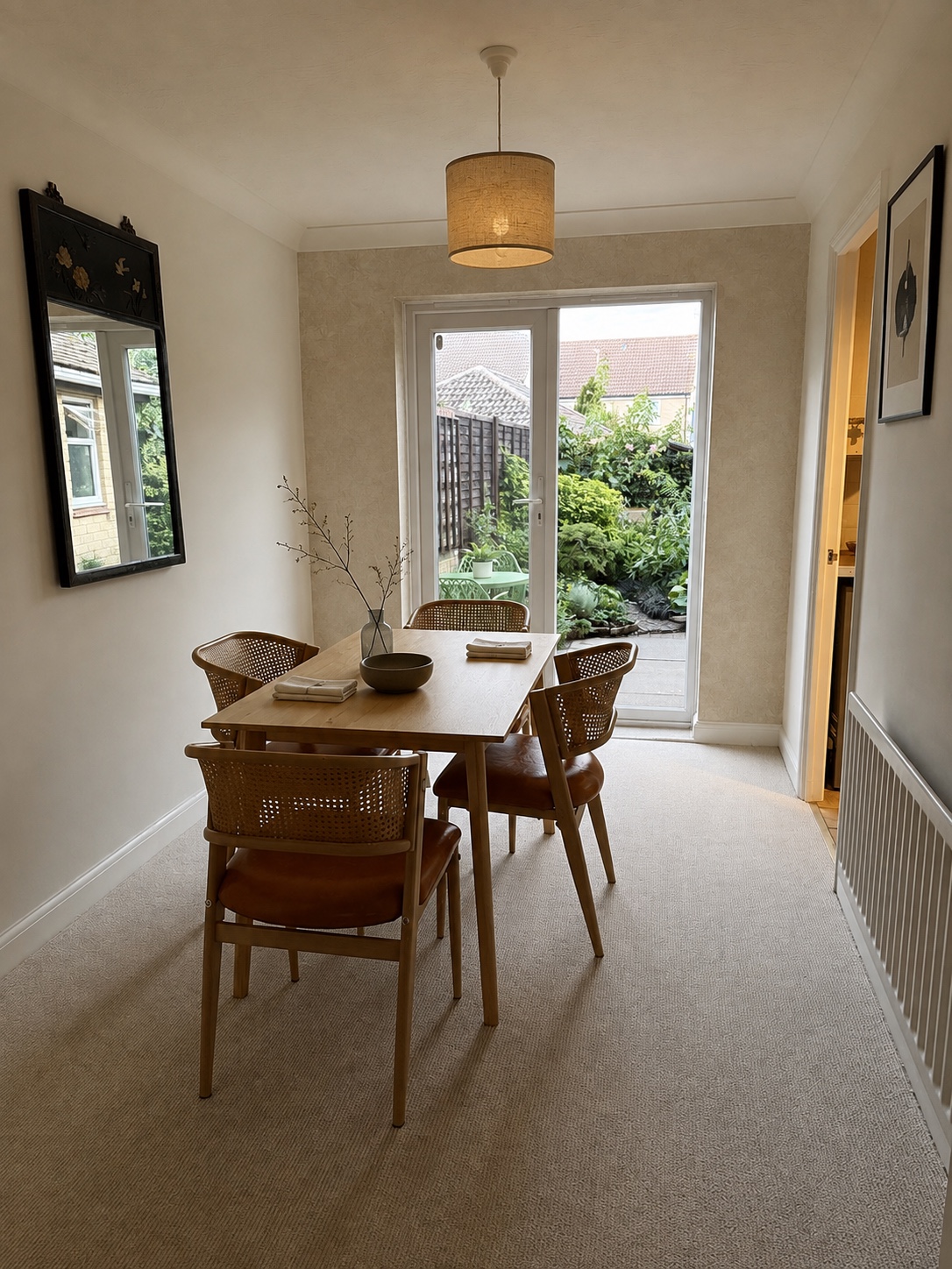 Dining table and chairs beside glazed doors to the garden at The Garden House