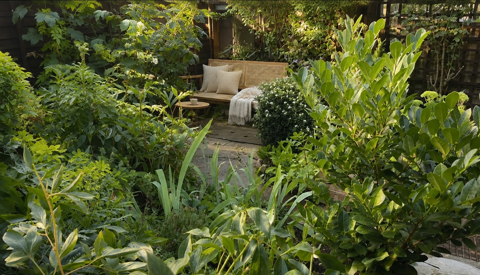 Lush private garden with cushioned outdoor seating at The Garden House