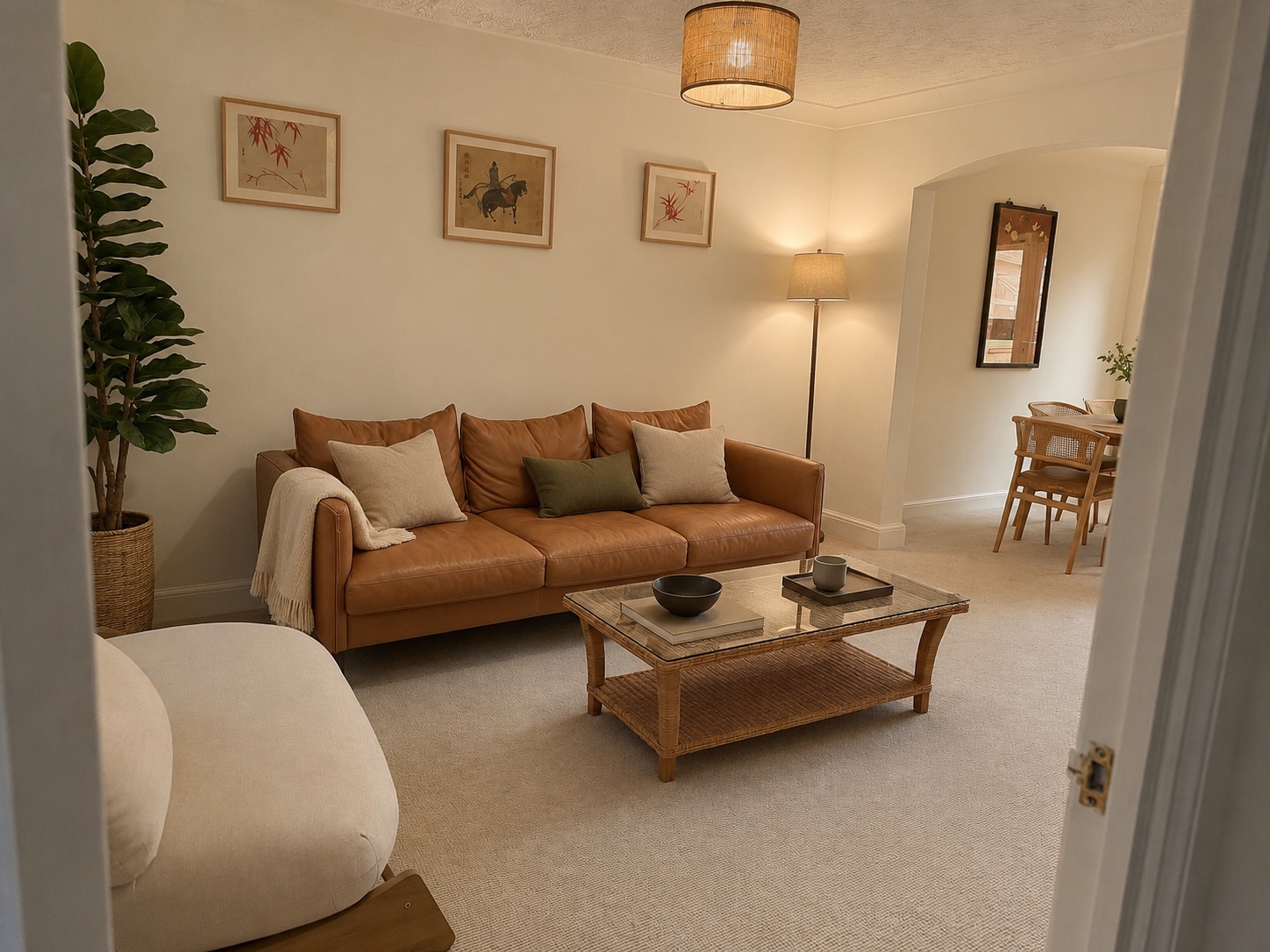 Living room at The Garden House with a tan leather sofa, armchair and wooden coffee table